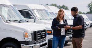 Selling a fleet vehicle with manager reviewing vans in commercial lot