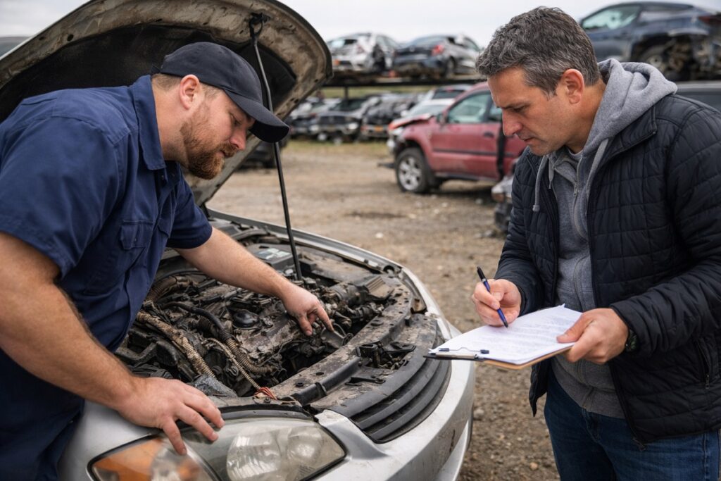 Buyer and mechanic inspecting car with blown engine at salvage yard