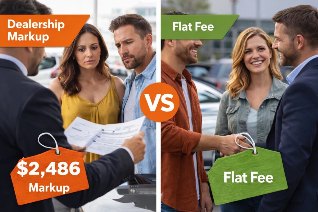 Dealership markup vs flat fee car buying comparison with real customers and transparent pricing model