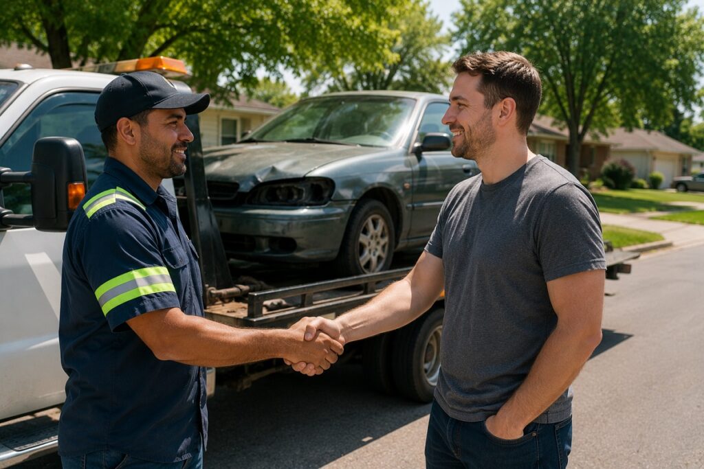 Customer choosing junk car buyer with tow truck pickup in Colorado