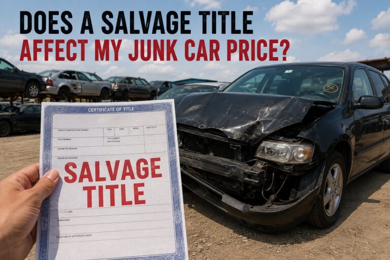 Salvage title document beside damaged junk car at Colorado salvage yard