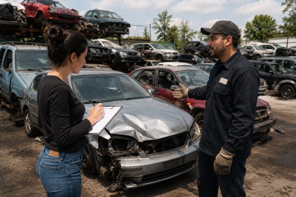 Junk car buyer inspecting damaged vehicle at Colorado salvage yard