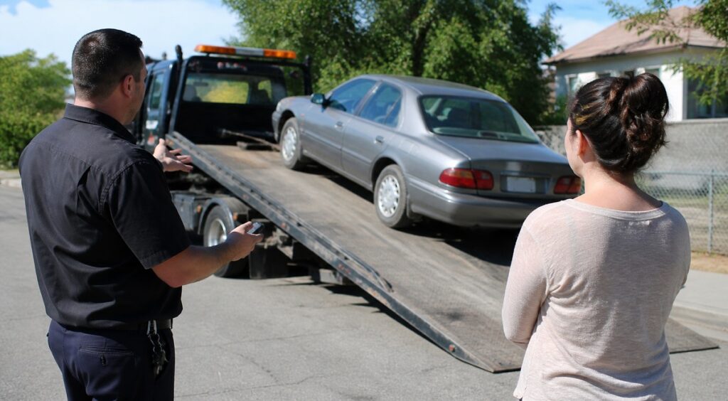 Free towing junk car pickup service in Colorado with tow truck loading vehicle
