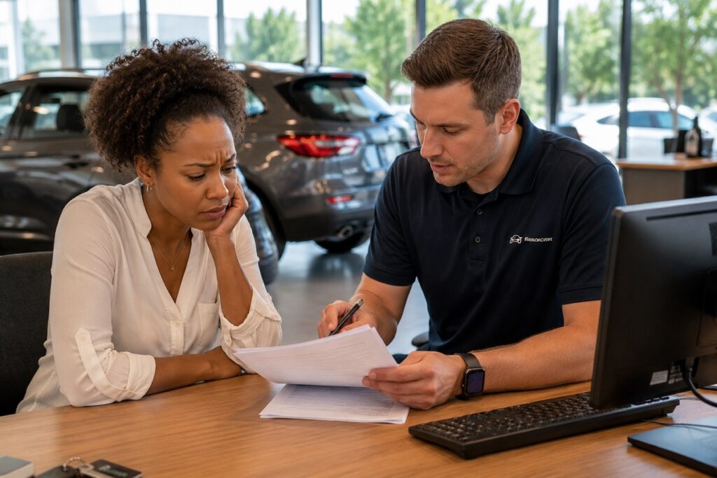 Customer discussing open vehicle recall paperwork at a Colorado car dealership