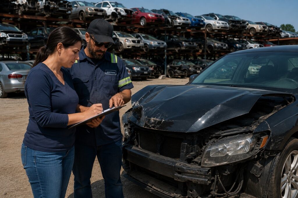 People inspecting damaged salvage title car at Colorado junkyard