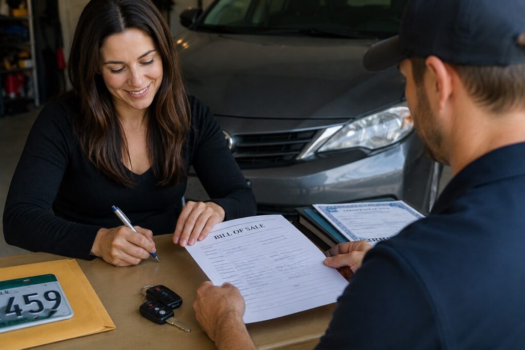 Car buyer signing vehicle sale paperwork during private car transaction