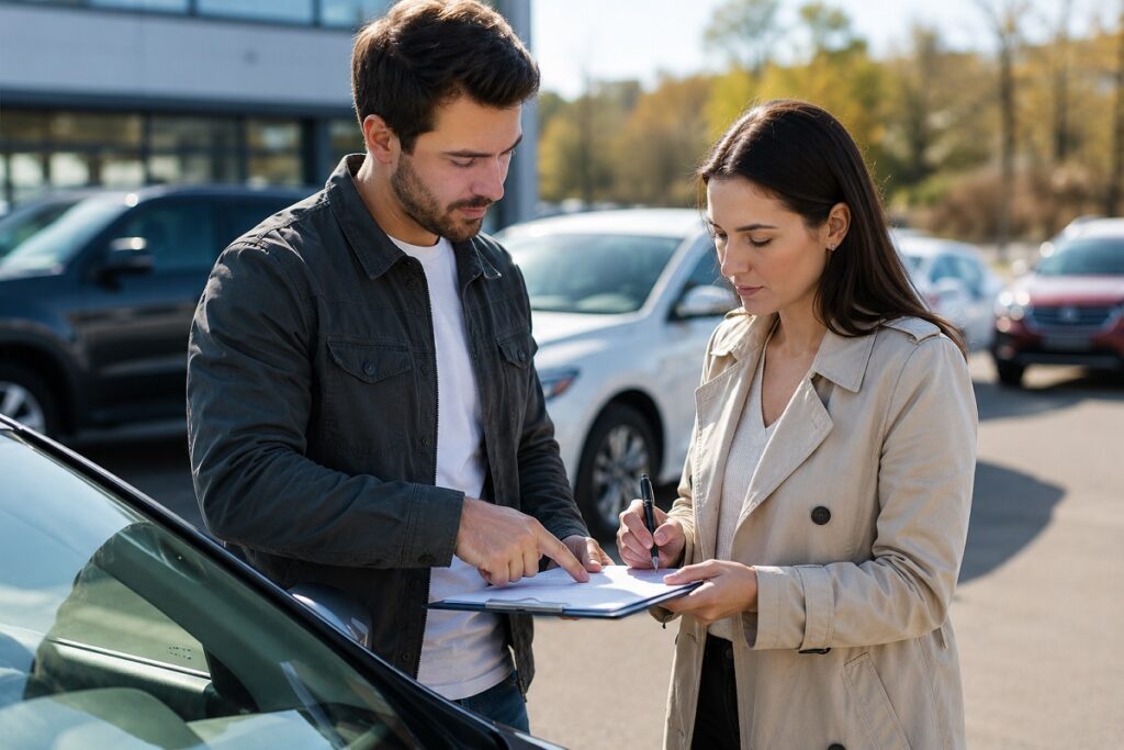 Car buyer and seller signing vehicle sale documents beside parked cars