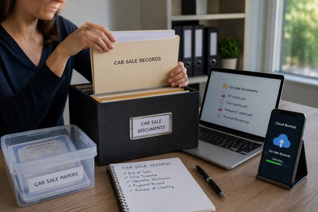 Organized car sale records stored in folders with digital document backup