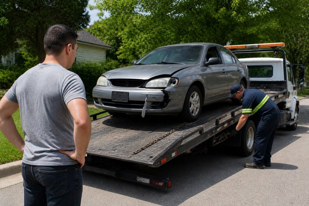 Damaged junk car being towed for free by buyer in Colorado