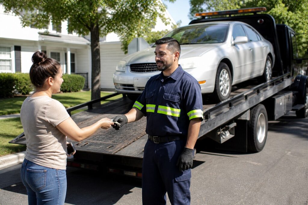 Junk car buyer free towing process with payment during vehicle pickup in Colorado