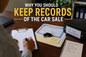 Car sale records and bill of sale paperwork for vehicle ownership transfer