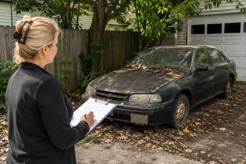 Abandoned vehicle parked on private property during abandoned car ownership review