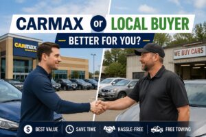 Car owner comparing CarMax and a local car buyer before selling a used vehicle in Colorado.