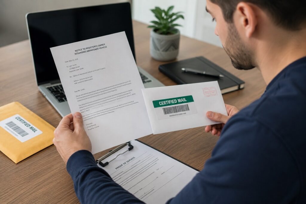 Certified mail notice and legal paperwork for abandoned vehicle owner notification