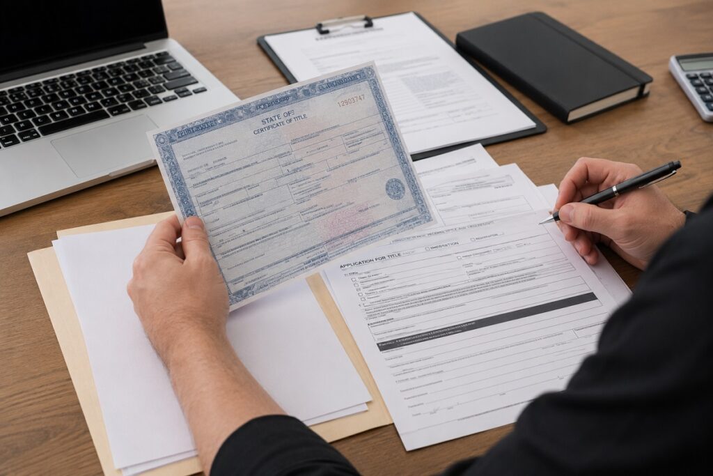 Abandoned vehicle title paperwork and ownership transfer documents for vehicle sale