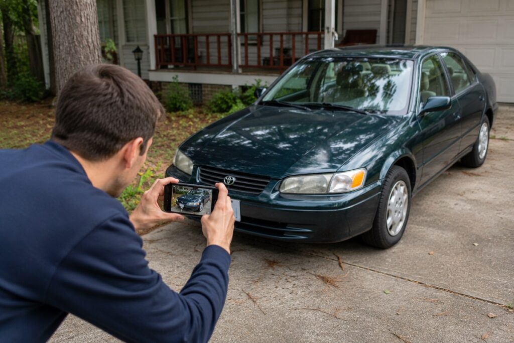 Cleaned vehicle being photographed for an online car sale listing.