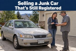 Owner and buyer reviewing paperwork beside a worn silver car with a blurred license plate in Colorado.