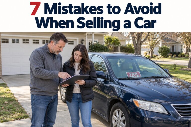Two people review paperwork beside a car for sale in a suburban driveway.