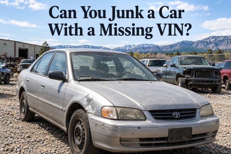 Junk car in a Colorado salvage yard beneath a title about selling a car with a missing VIN.