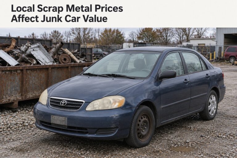 Damaged Toyota Corolla beside scrap metal at a recycling yard.