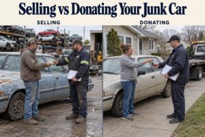 Selling vs donating your junk car, comparing cash payment with a vehicle donation pickup.
