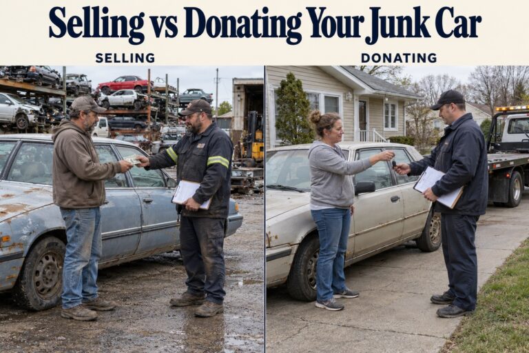 Selling vs donating your junk car, comparing cash payment with a vehicle donation pickup.